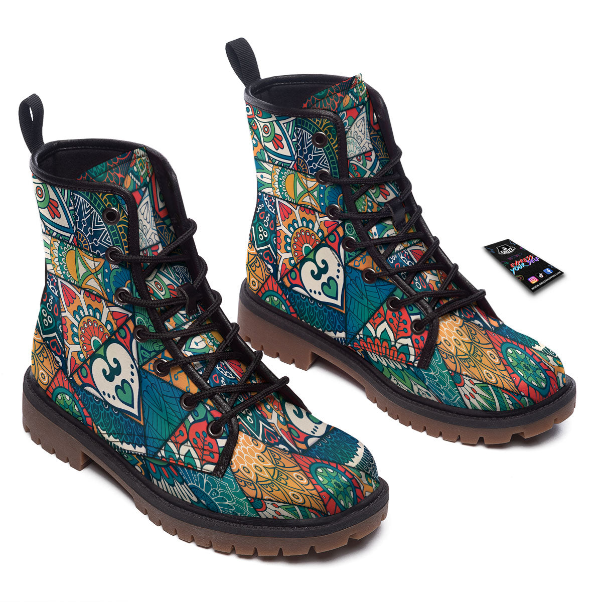 Bohemian Patchwork Mandala Print Pattern Work Boots-grizzshop