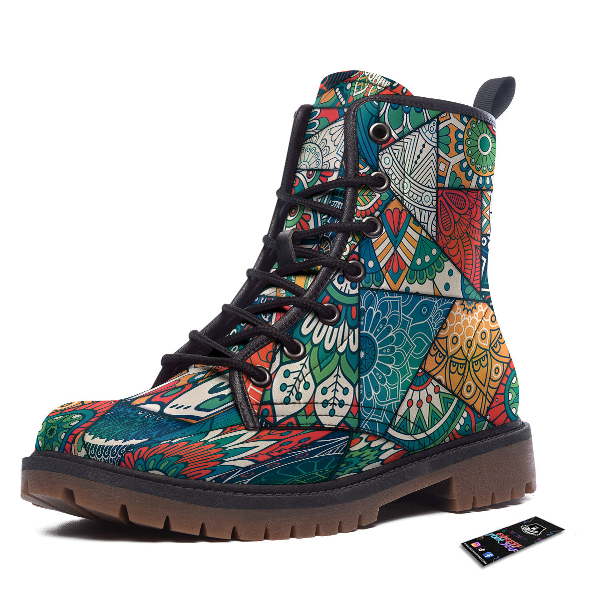 Bohemian Patchwork Mandala Print Pattern Work Boots-grizzshop