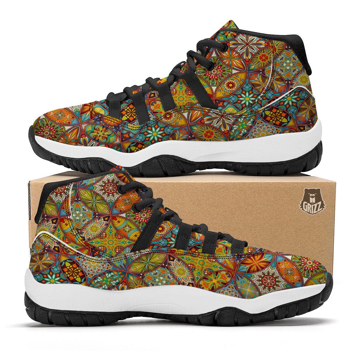 Bohemian Patchwork Print Pattern Black Bball Shoes-grizzshop