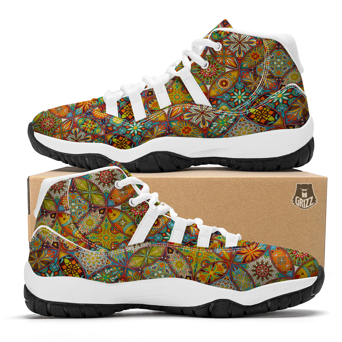 Bohemian Patchwork Print Pattern White Bball Shoes-grizzshop