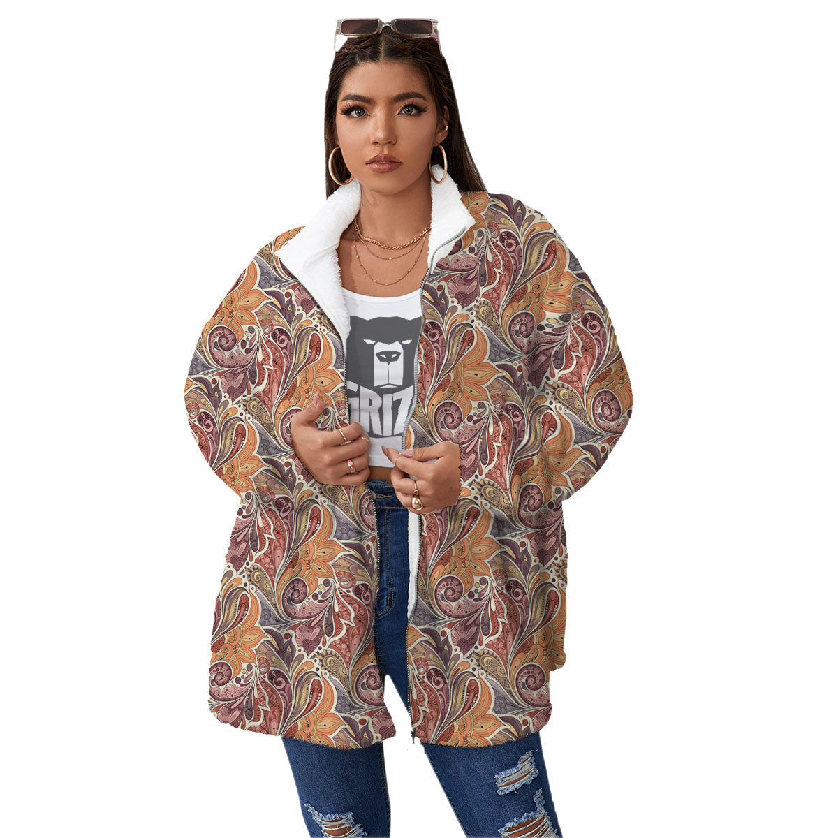 Bohemian Pigeon Floral Print Pattern Women's Sherpa Jacket-grizzshop