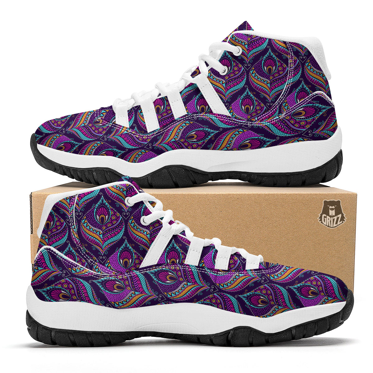 Bohemian Purple Pattern Print White Bball Shoes-grizzshop