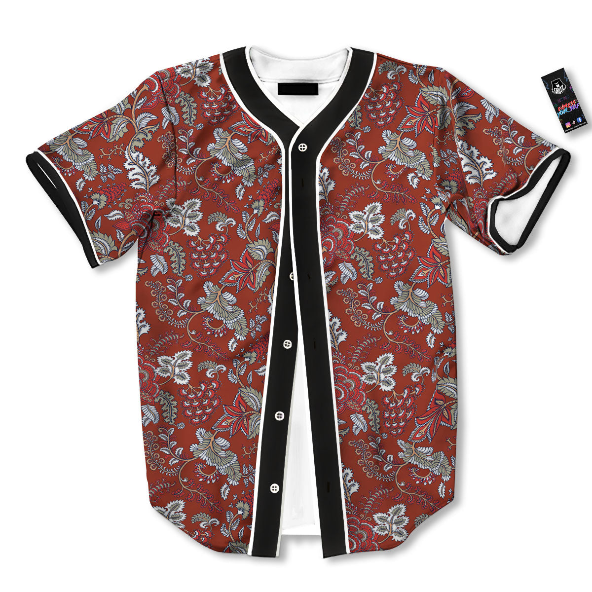 Bohemian Red Floral Print Pattern Baseball Jersey-grizzshop