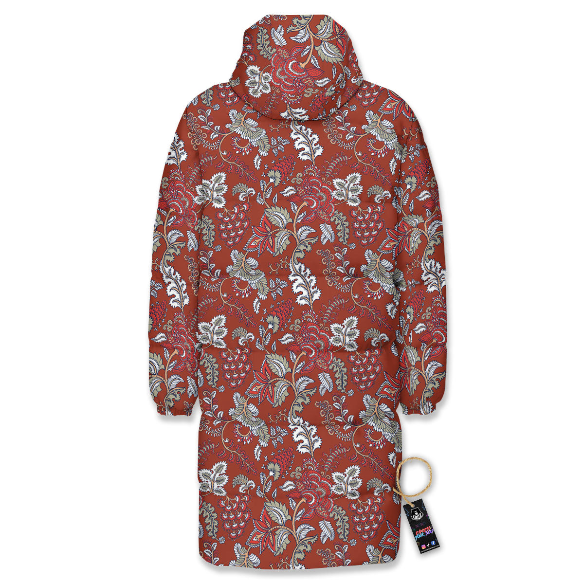 Bohemian Red Floral Print Pattern Long Down Jacket-grizzshop