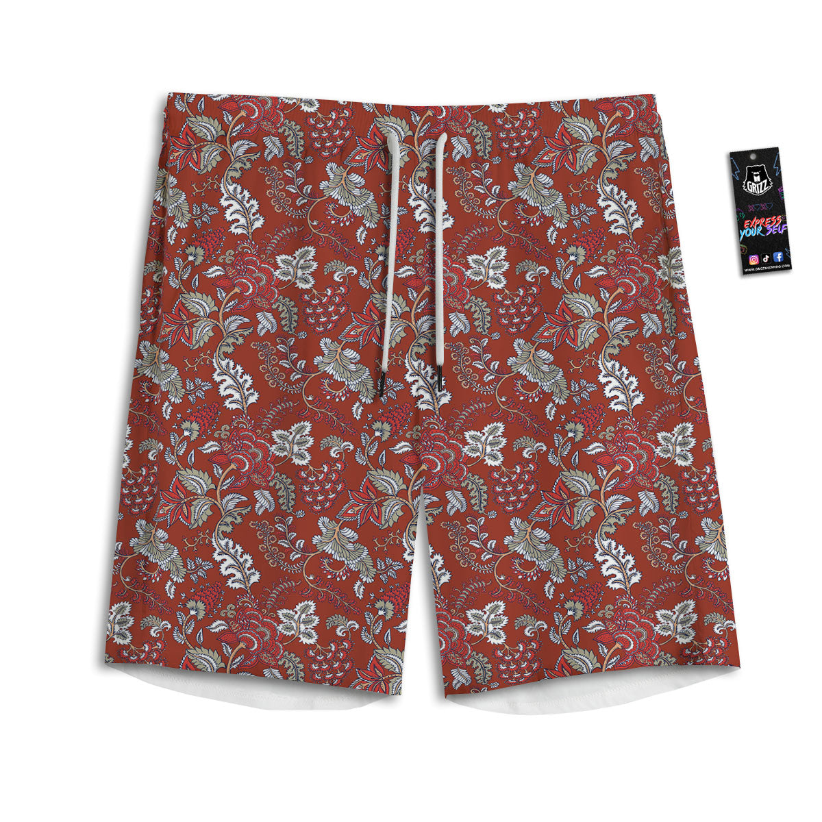 Bohemian Red Floral Print Pattern Men's Athletic Shorts