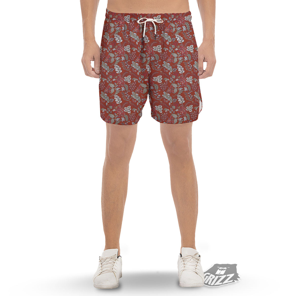 Bohemian Red Floral Print Pattern Men's Gym Shorts-grizzshop