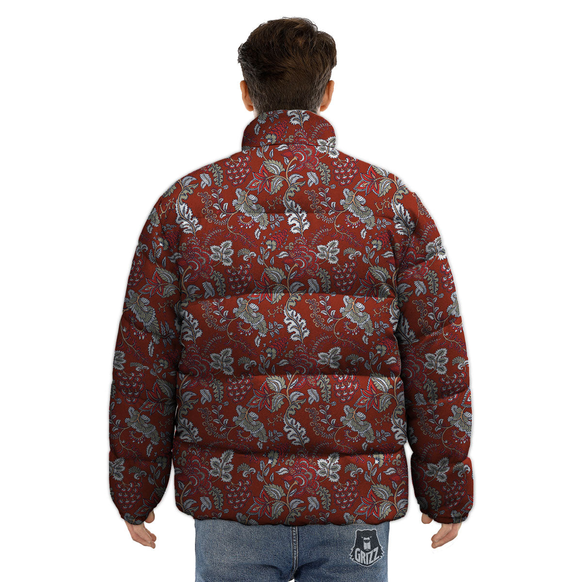 Bohemian Red Floral Print Pattern Puffer Jacket-grizzshop