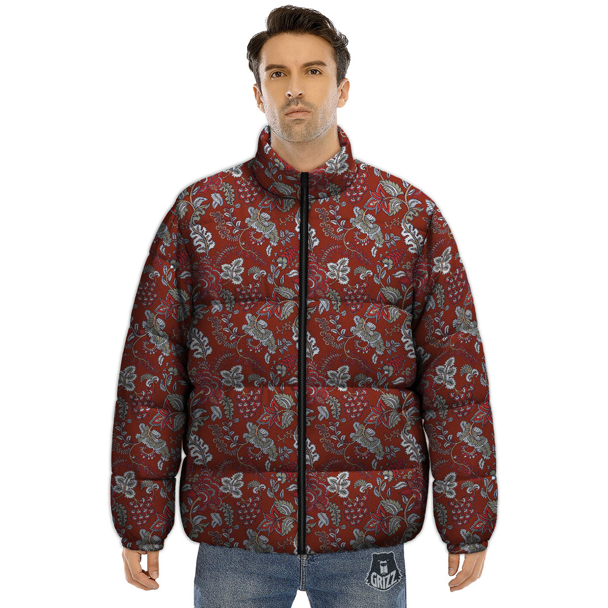 Bohemian Red Floral Print Pattern Puffer Jacket-grizzshop