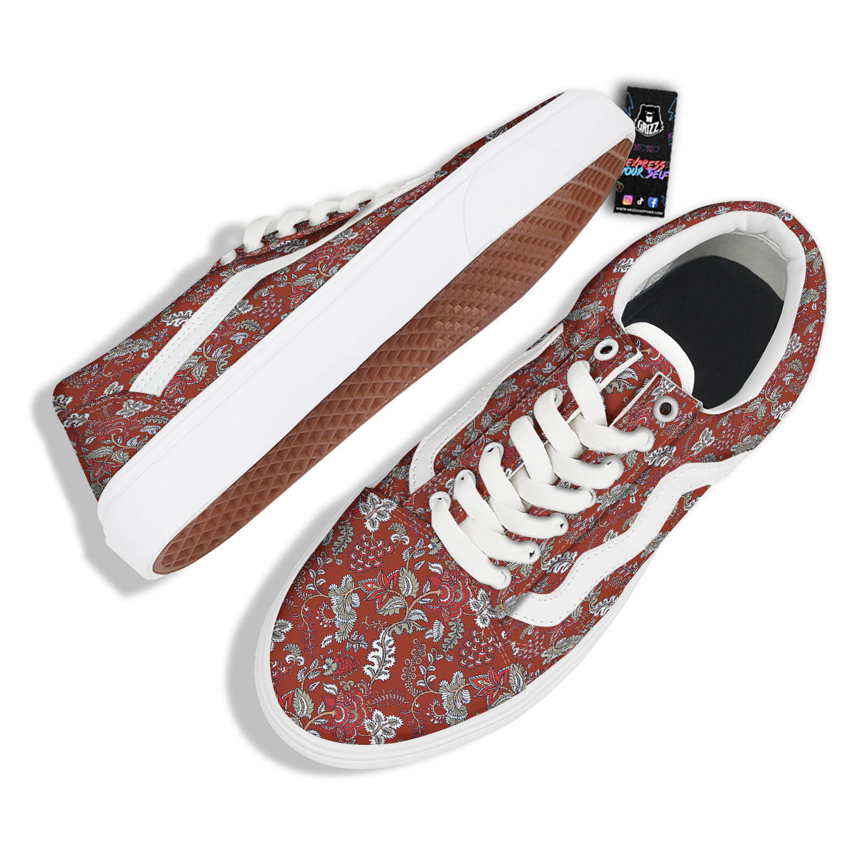 Bohemian Red Floral Print Pattern Skate Shoes-grizzshop