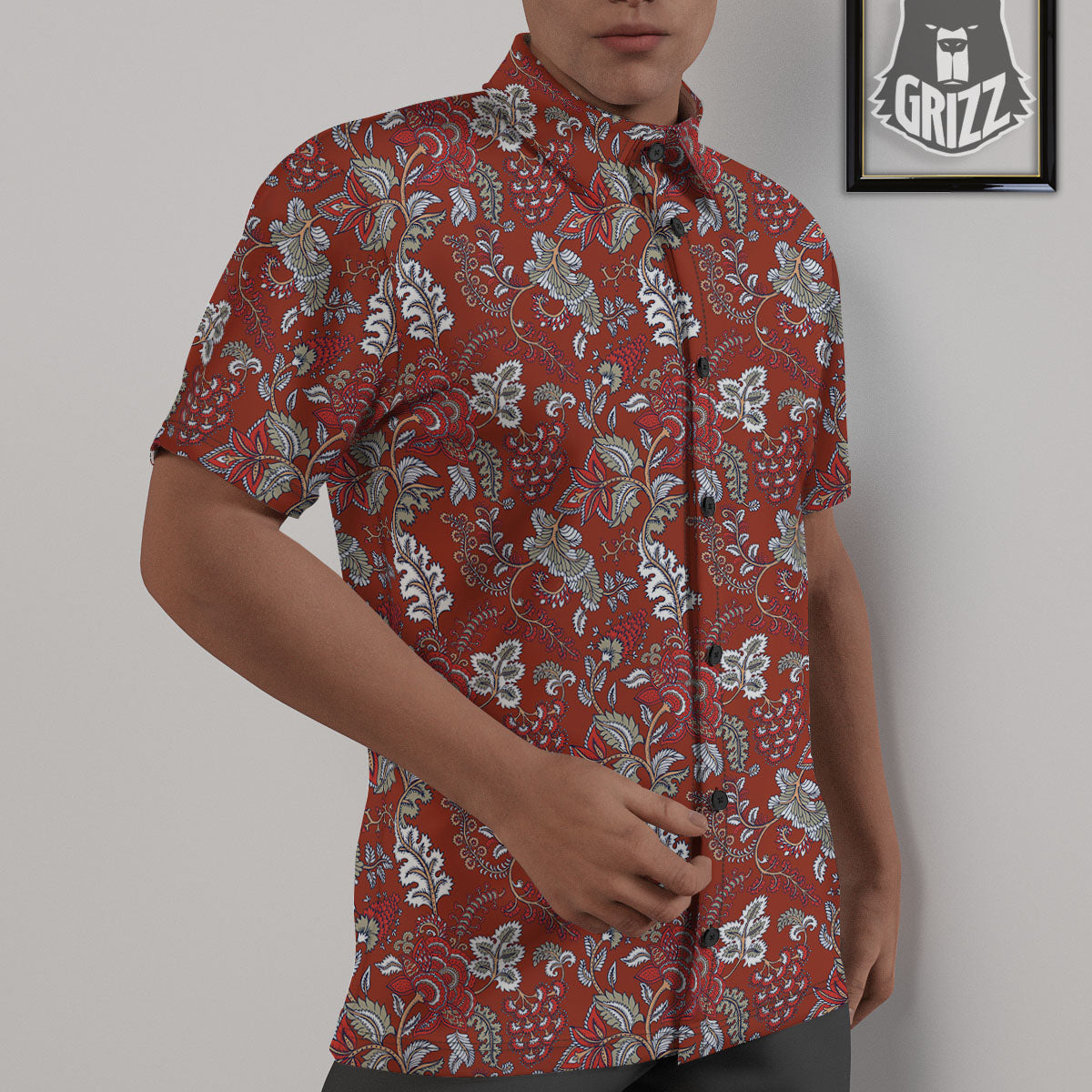 Bohemian Red Floral Print Pattern Untucked Shirts-grizzshop