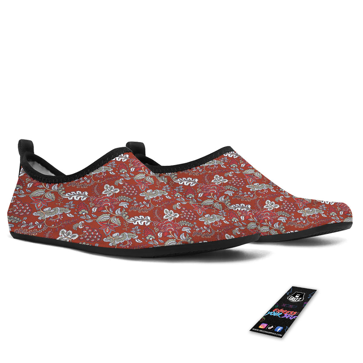 Bohemian Red Floral Print Pattern Water Shoes-grizzshop