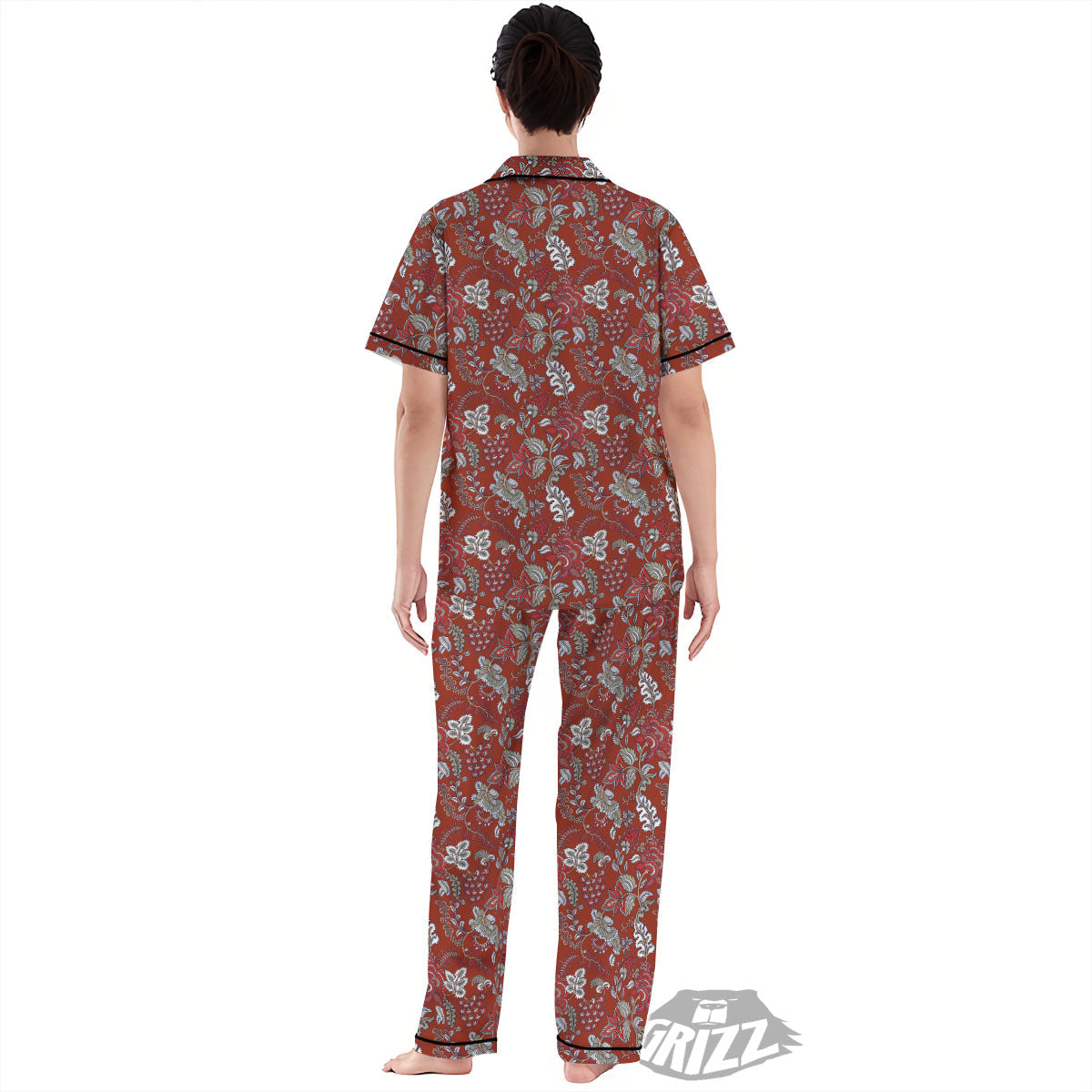 Bohemian Red Floral Print Pattern Women's Pajamas Set-grizzshop