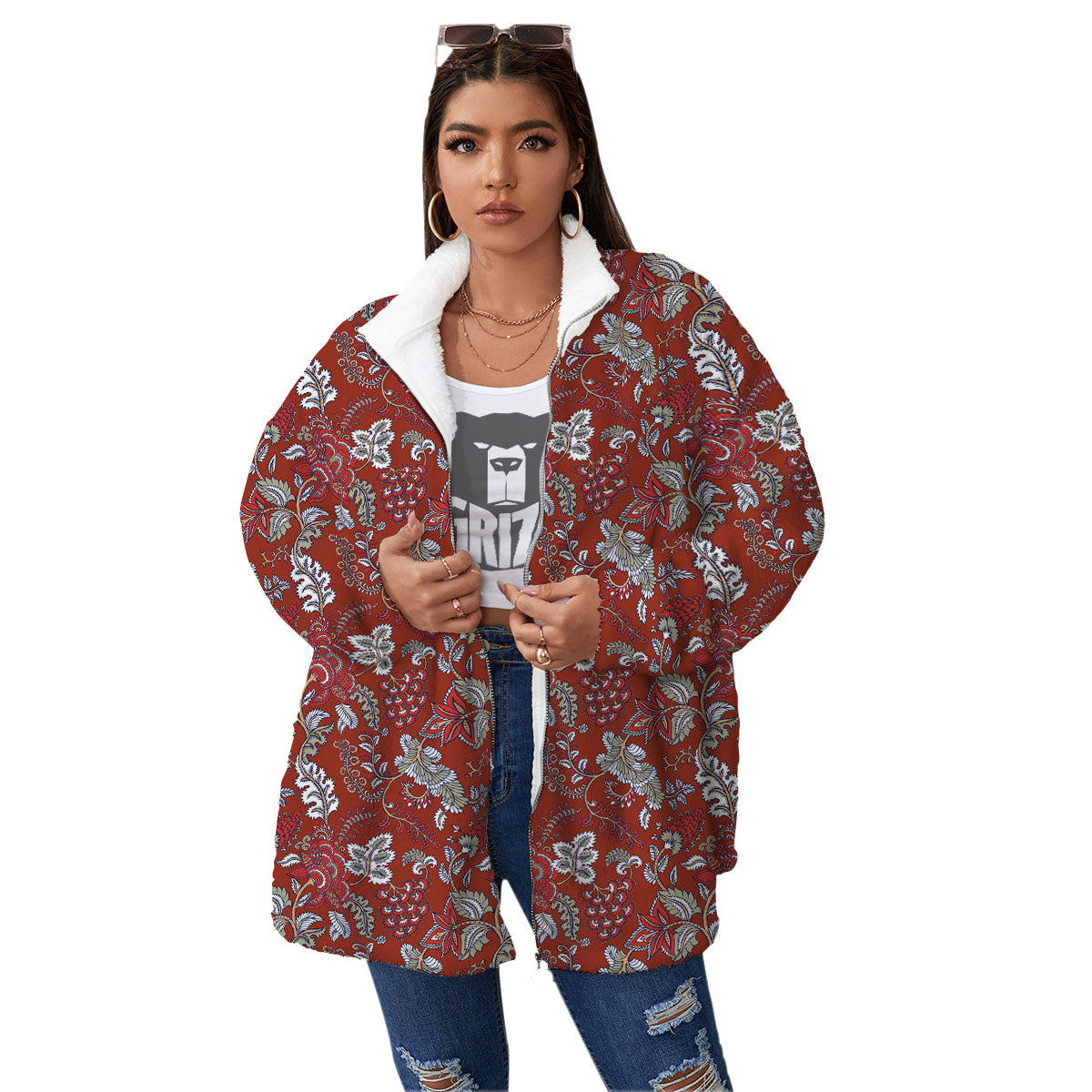 Bohemian Red Floral Print Pattern Women's Sherpa Jacket-grizzshop