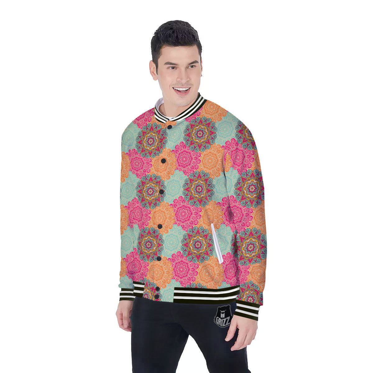 Bohemian Sangria Mandala Print Pattern Baseball Jacket-grizzshop