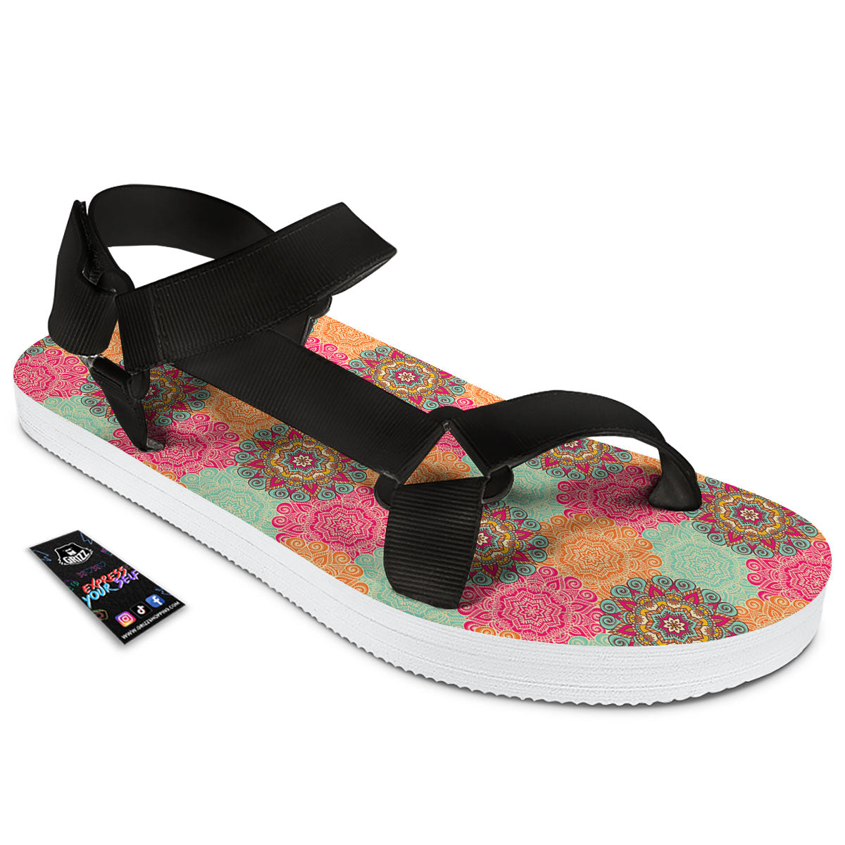 Bohemian Sangria Mandala Print Pattern Black Open Toe Sandals-grizzshop