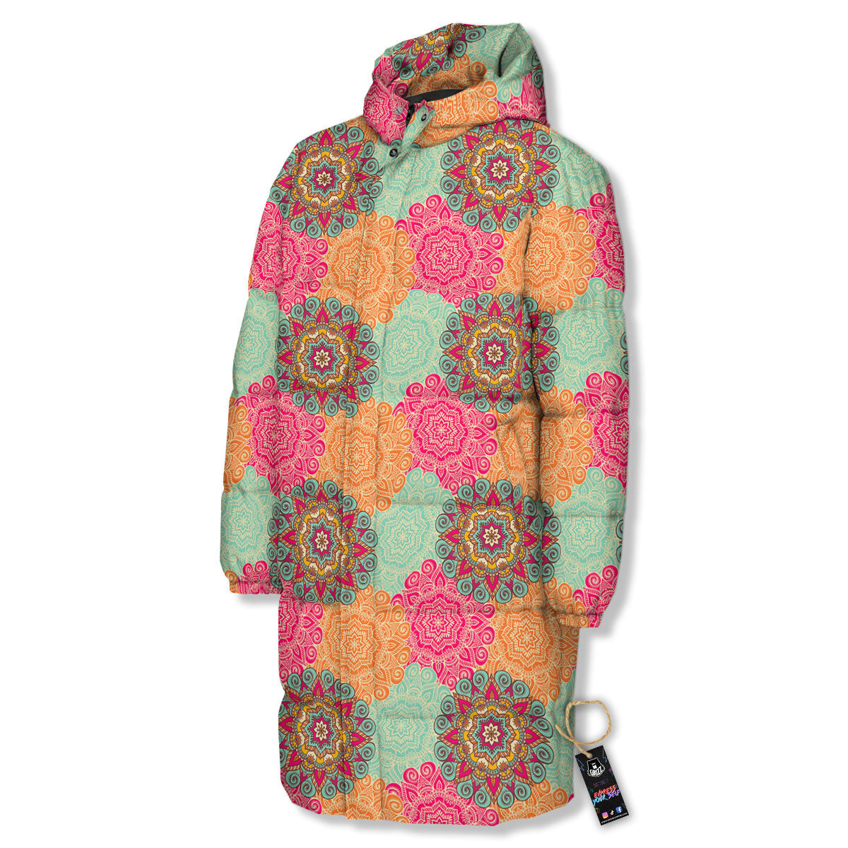 Bohemian Sangria Mandala Print Pattern Long Down Jacket-grizzshop