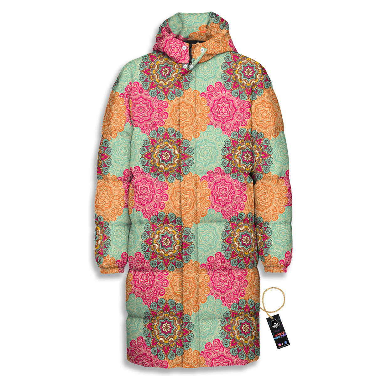 Bohemian Sangria Mandala Print Pattern Long Down Jacket-grizzshop