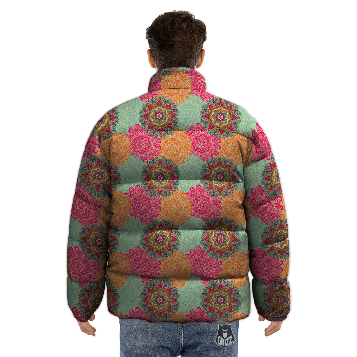 Bohemian Sangria Mandala Print Pattern Puffer Jacket-grizzshop