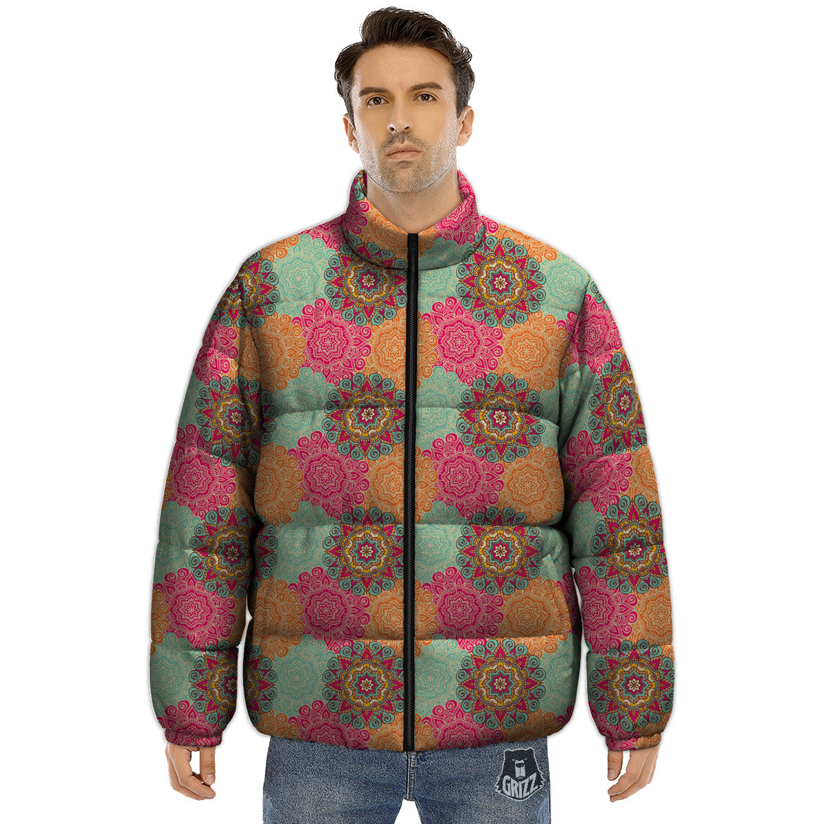 Bohemian Sangria Mandala Print Pattern Puffer Jacket-grizzshop