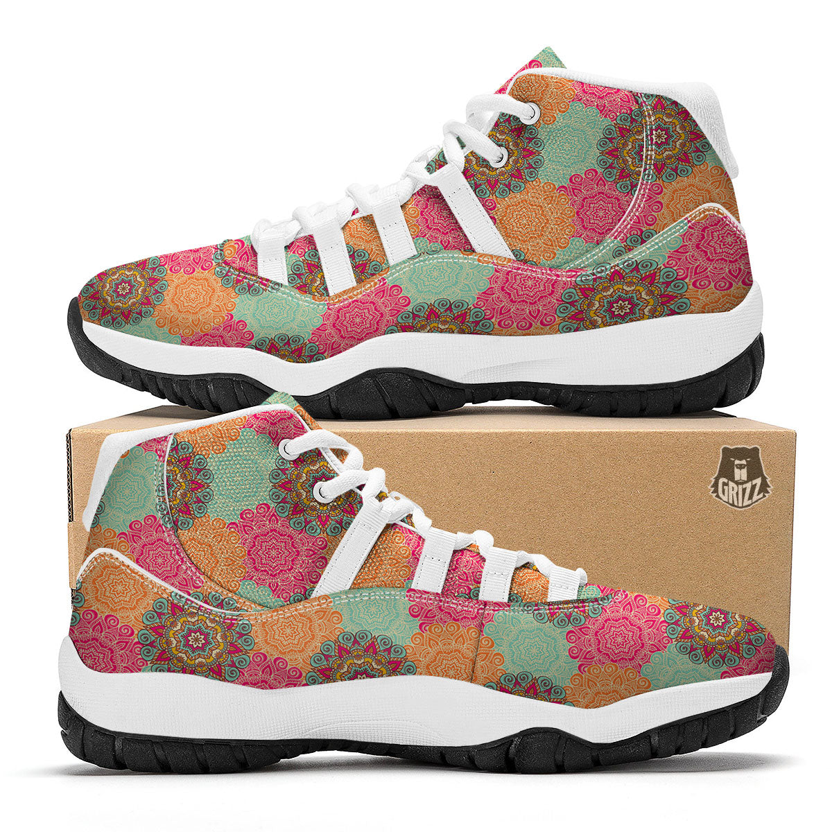 Bohemian Sangria Mandala Print Pattern White Bball Shoes-grizzshop