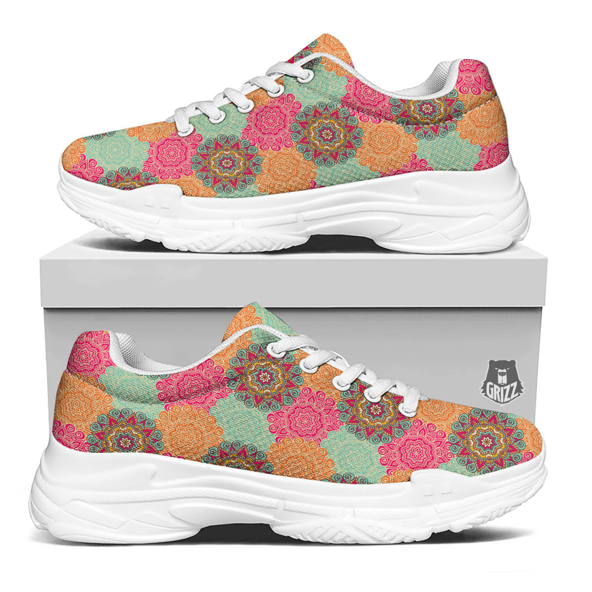 Bohemian Sangria Mandala Print Pattern White Chunky Shoes-grizzshop