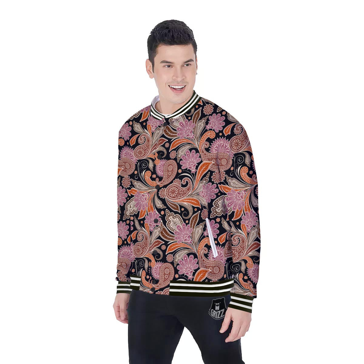 Bohemian Tangerine Floral Print Pattern Baseball Jacket-grizzshop