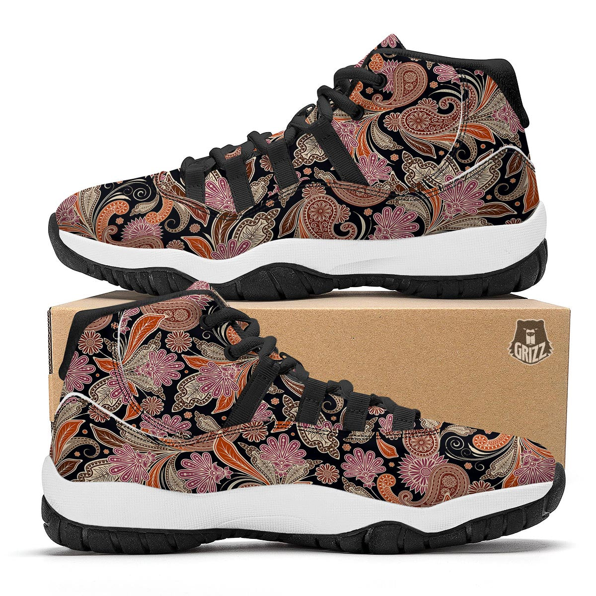 Bohemian Tangerine Floral Print Pattern Black Bball Shoes-grizzshop