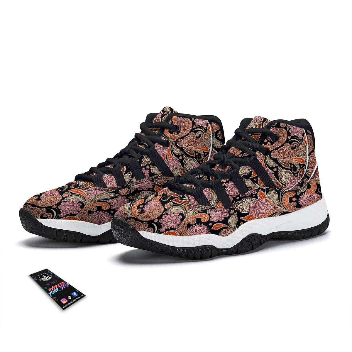 Bohemian Tangerine Floral Print Pattern Black Bball Shoes-grizzshop