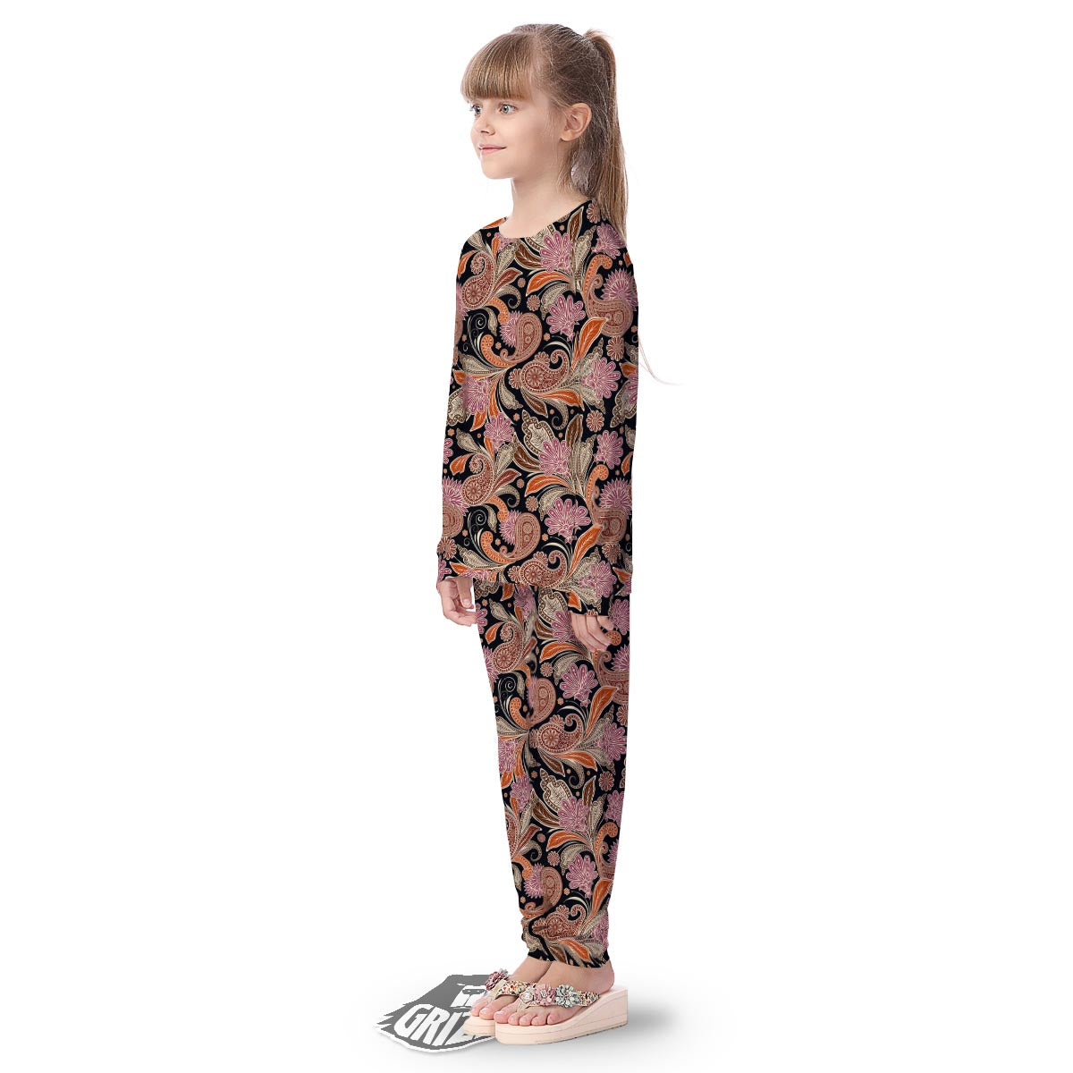 Bohemian Tangerine Floral Print Pattern Kid's Pajamas-grizzshop