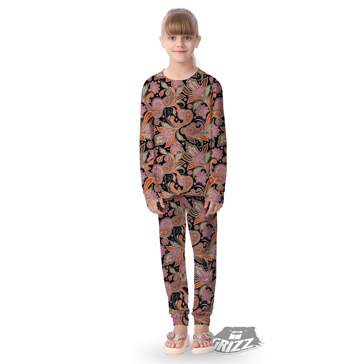 Bohemian Tangerine Floral Print Pattern Kid's Pajamas-grizzshop
