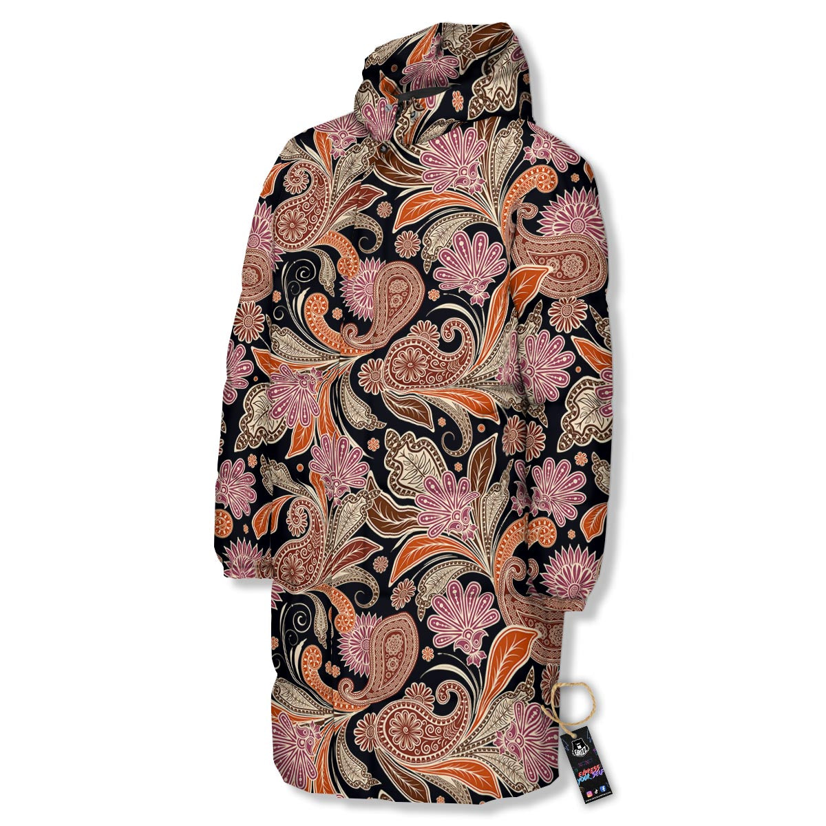 Bohemian Tangerine Floral Print Pattern Long Down Jacket-grizzshop