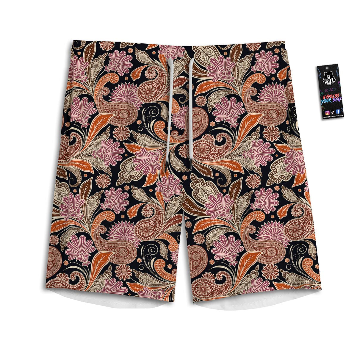 Bohemian Tangerine Floral Print Pattern Men's Athletic Shorts