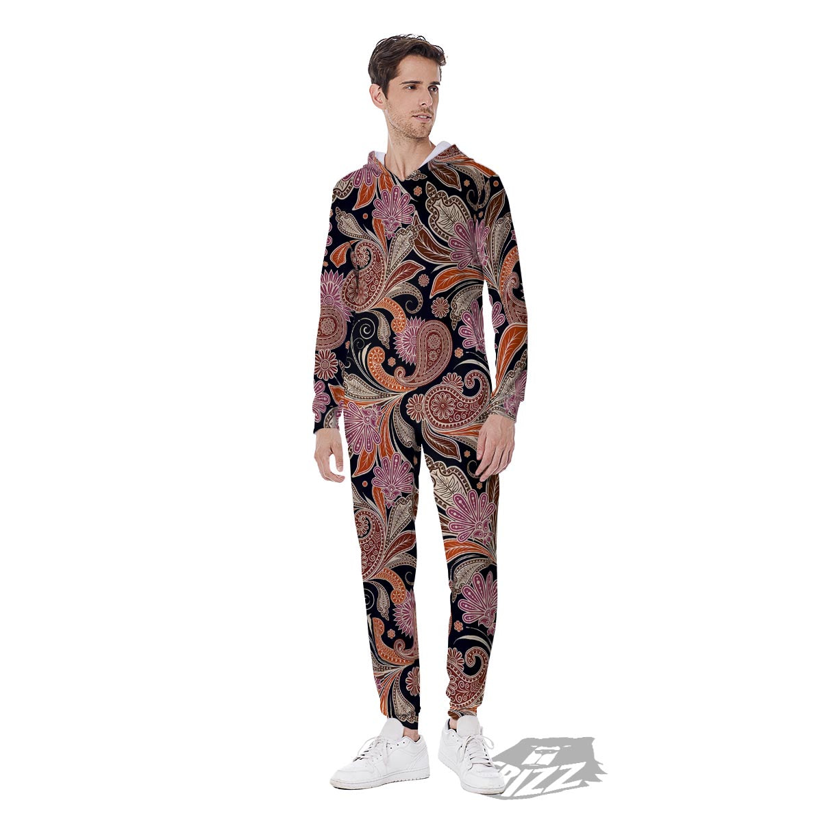 Bohemian Tangerine Floral Print Pattern Men's Jumpsuit-grizzshop