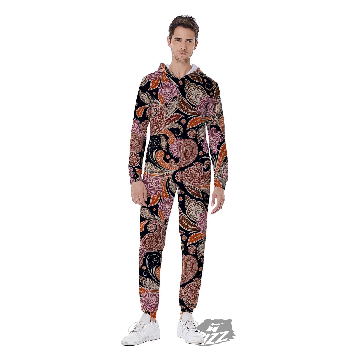 Bohemian Tangerine Floral Print Pattern Men's Jumpsuit-grizzshop