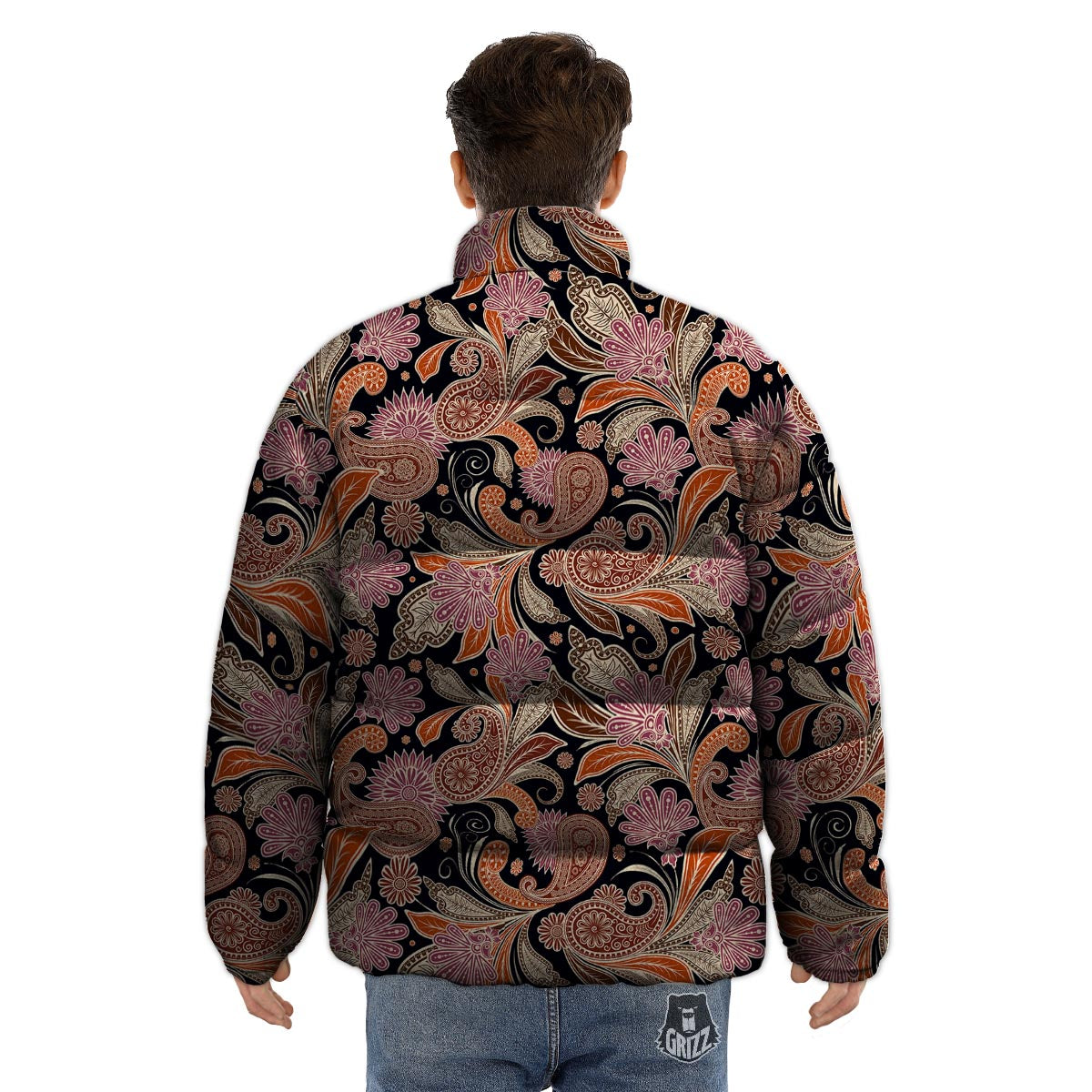 Bohemian Tangerine Floral Print Pattern Puffer Jacket-grizzshop