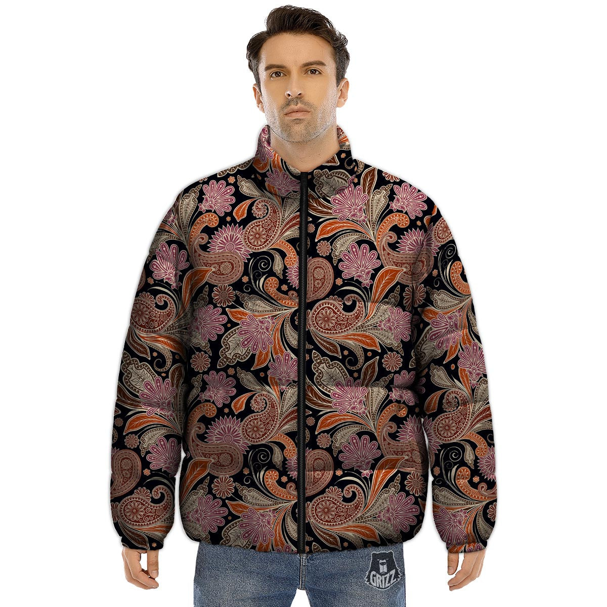 Bohemian Tangerine Floral Print Pattern Puffer Jacket-grizzshop
