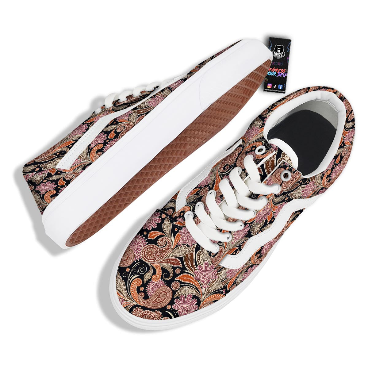 Bohemian Tangerine Floral Print Pattern Skate Shoes-grizzshop