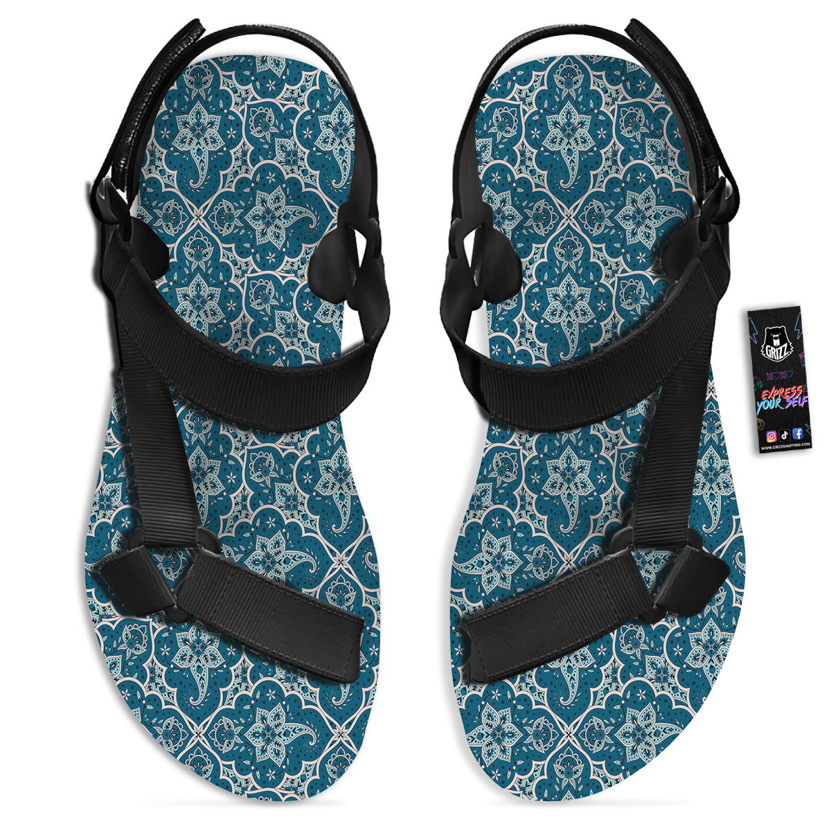 Bohemian Turquoise Floral Print Pattern Black Open Toe Sandals-grizzshop