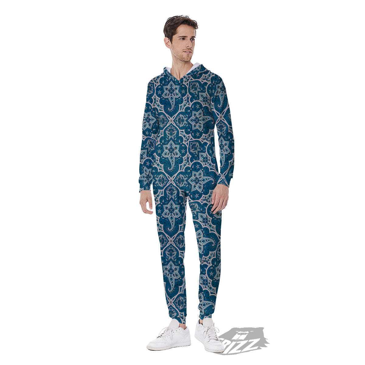 Bohemian Turquoise Floral Print Pattern Men's Jumpsuit-grizzshop