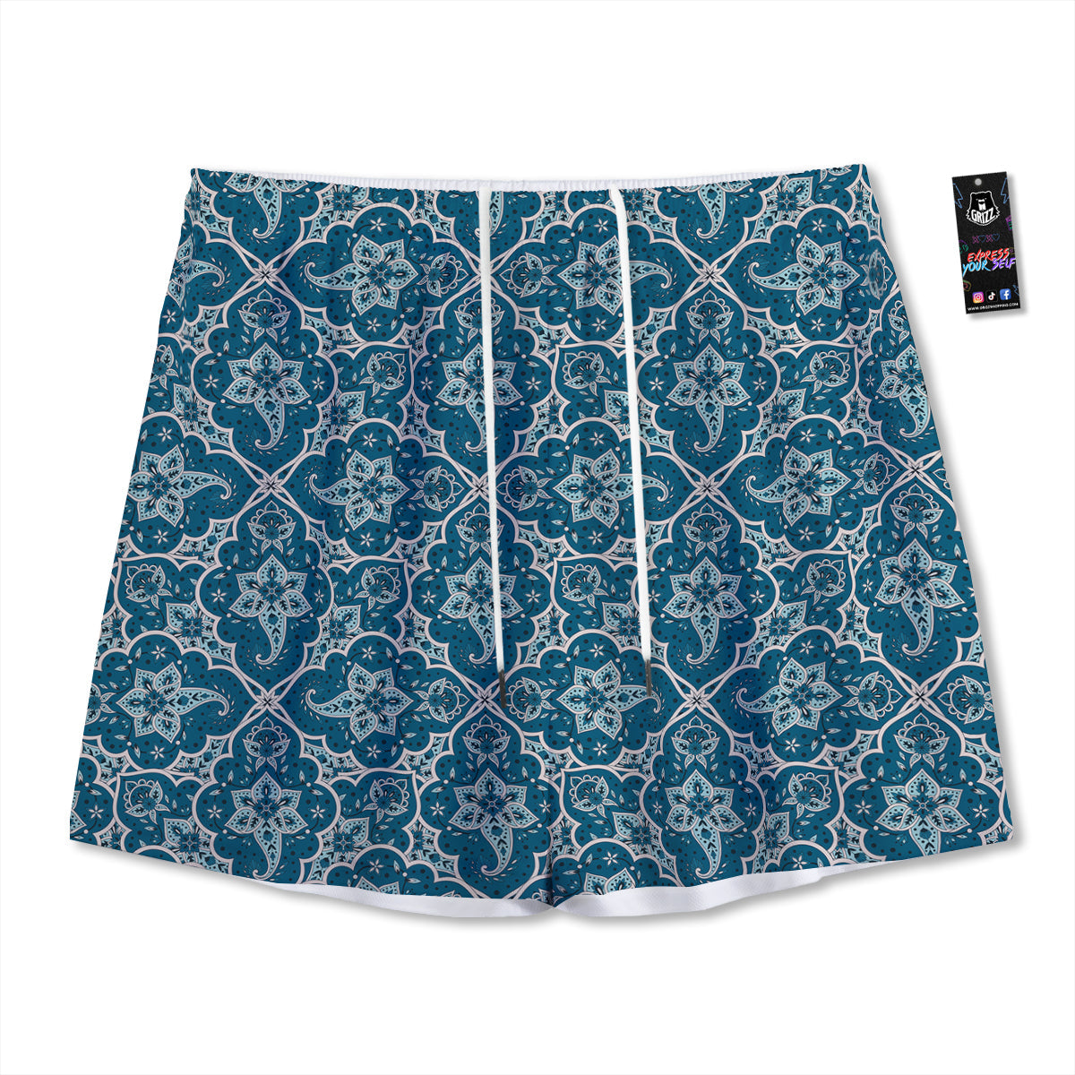 Bohemian Turquoise Floral Print Pattern Mesh Shorts