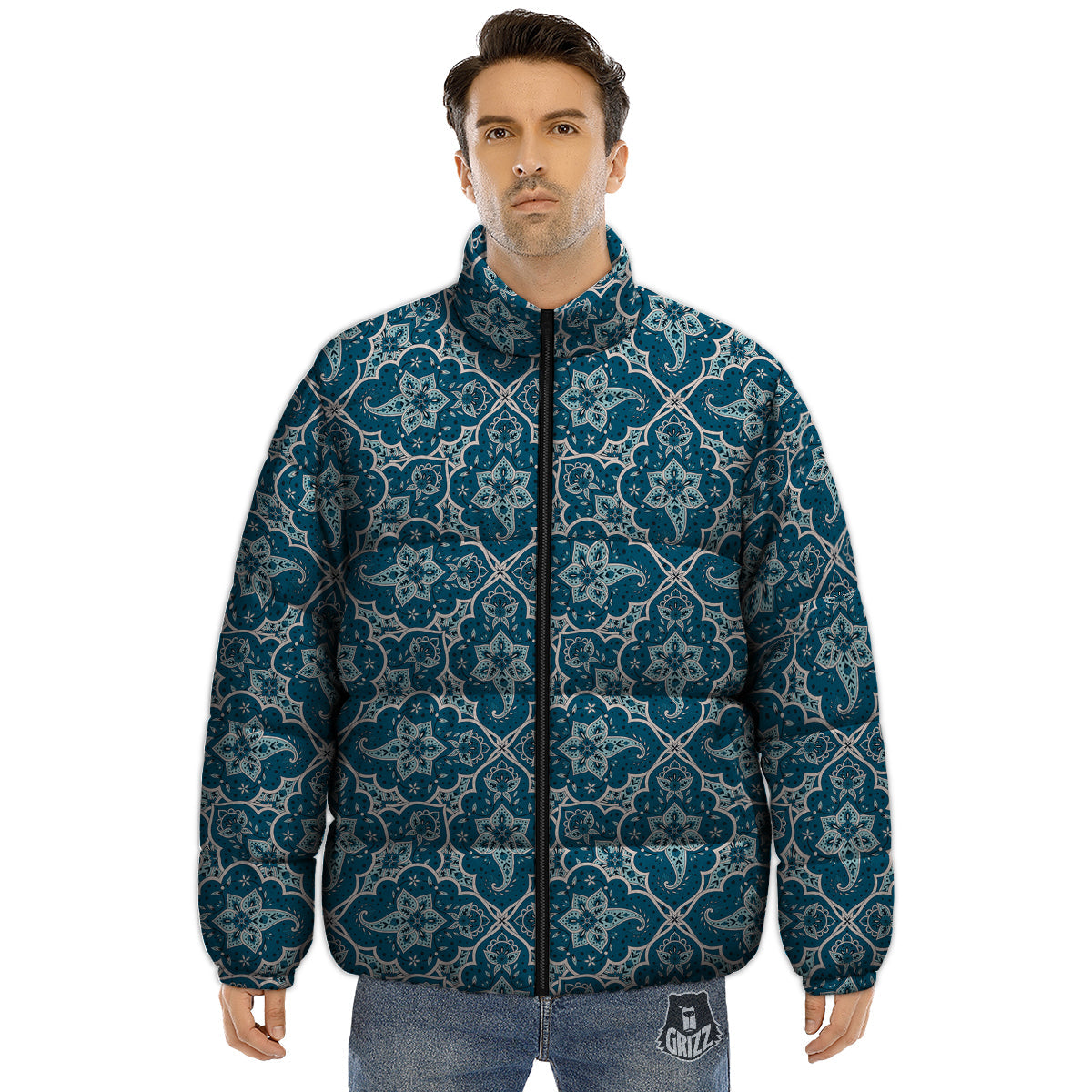 Bohemian Turquoise Floral Print Pattern Puffer Jacket-grizzshop