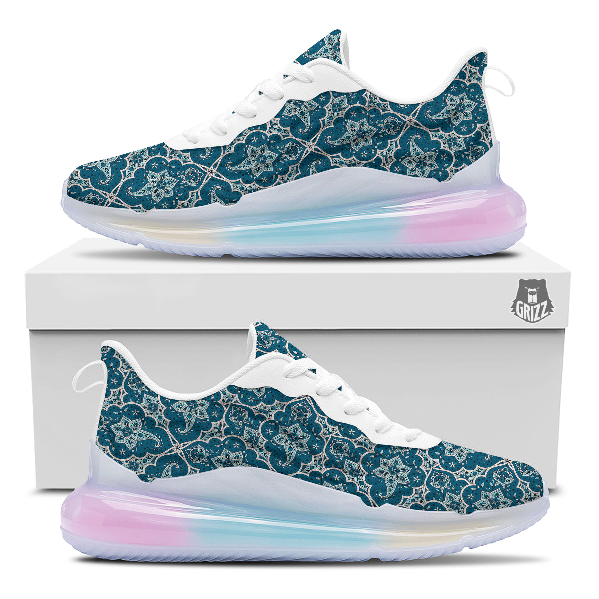 Bohemian Turquoise Floral Print Pattern Running Sneakers-grizzshop