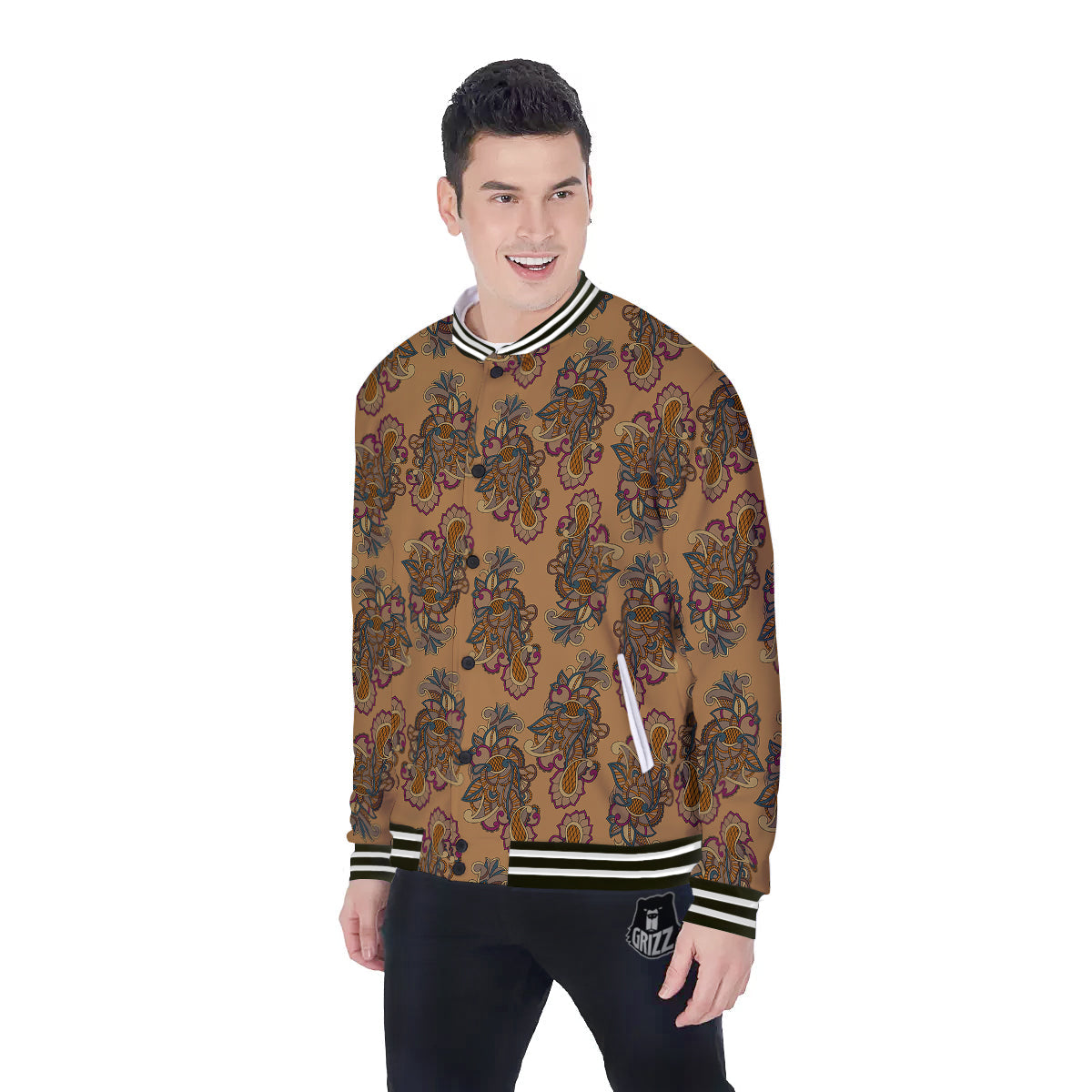 Bohemian Umber Floral Print Pattern Baseball Jacket-grizzshop