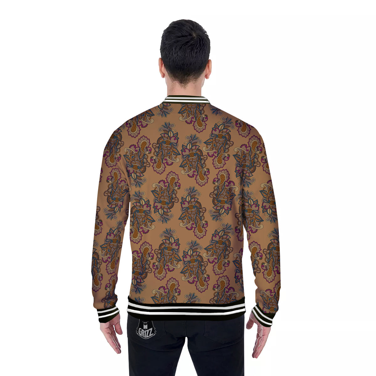 Bohemian Umber Floral Print Pattern Baseball Jacket-grizzshop