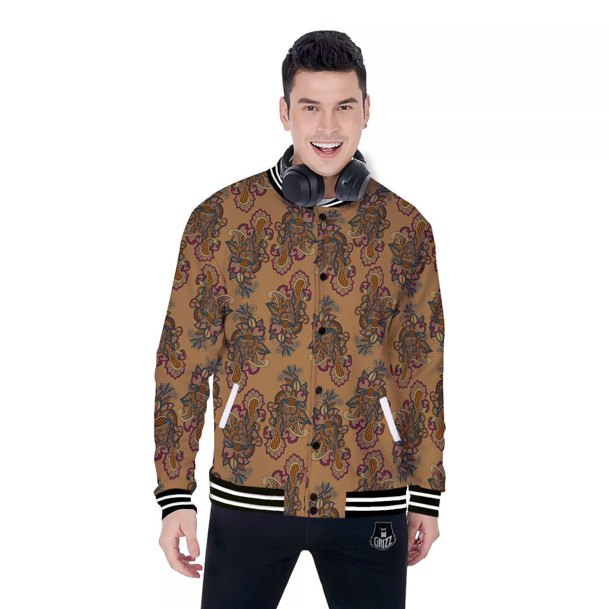 Bohemian Umber Floral Print Pattern Baseball Jacket-grizzshop
