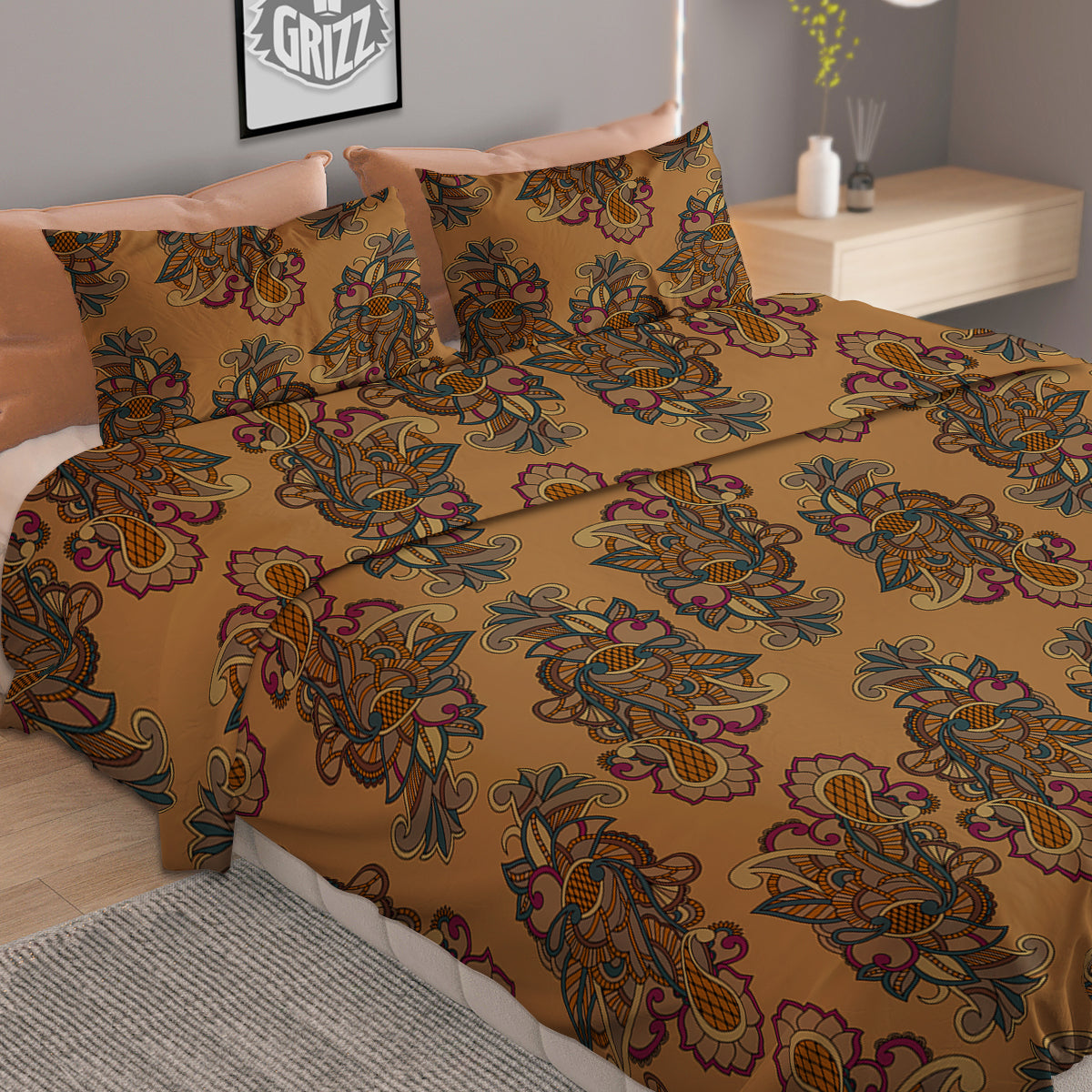 Bohemian Umber Floral Print Pattern Duvet Cover Bedding Set