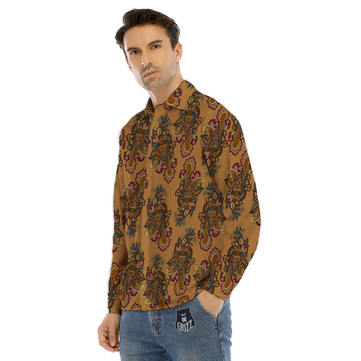 Bohemian Umber Floral Print Pattern Men's Dress Shirts-grizzshop