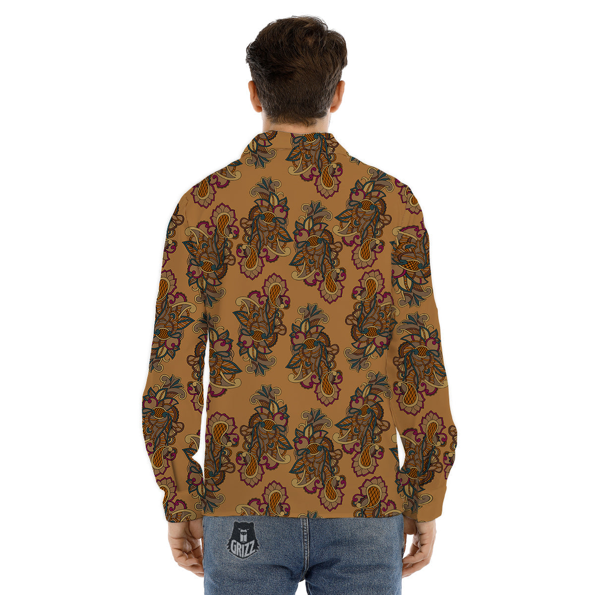 Bohemian Umber Floral Print Pattern Men's Dress Shirts-grizzshop