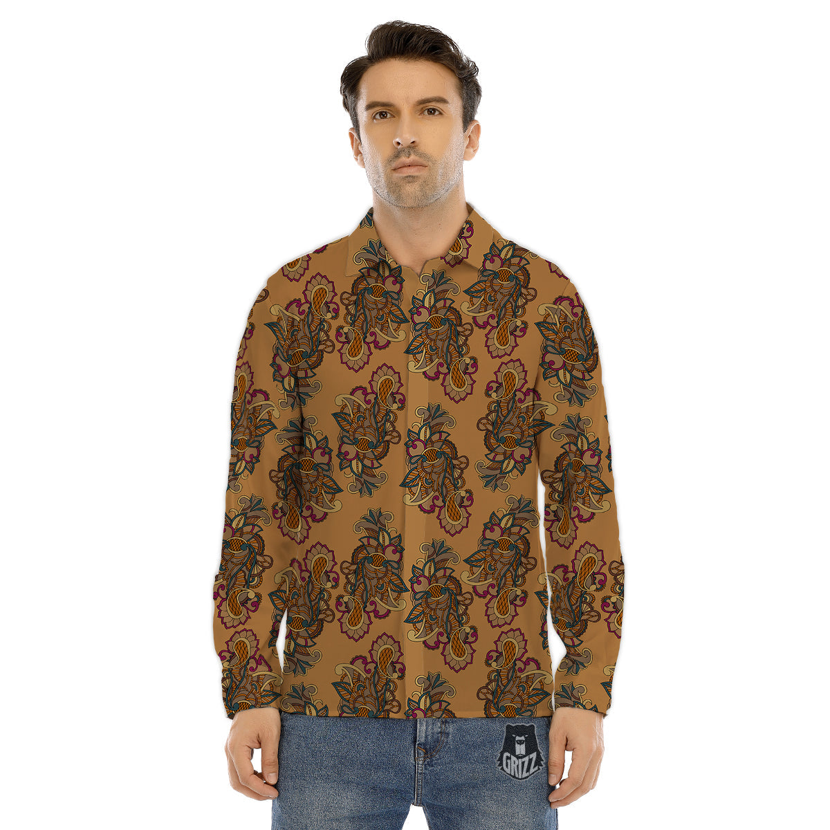 Bohemian Umber Floral Print Pattern Men's Dress Shirts-grizzshop