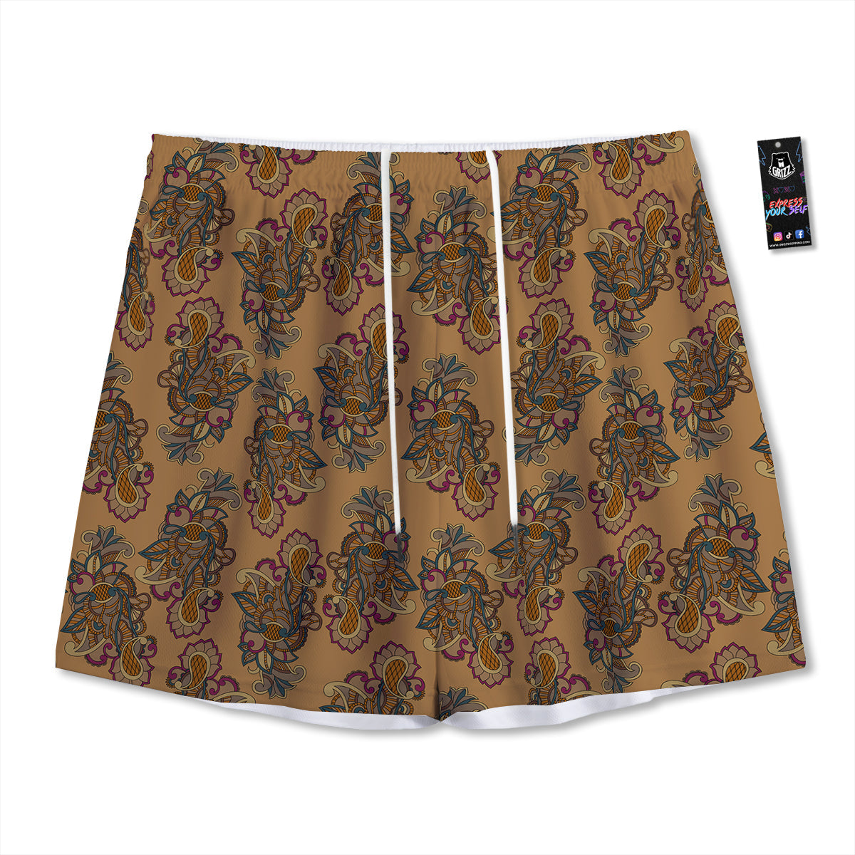Bohemian Umber Floral Print Pattern Mesh Shorts